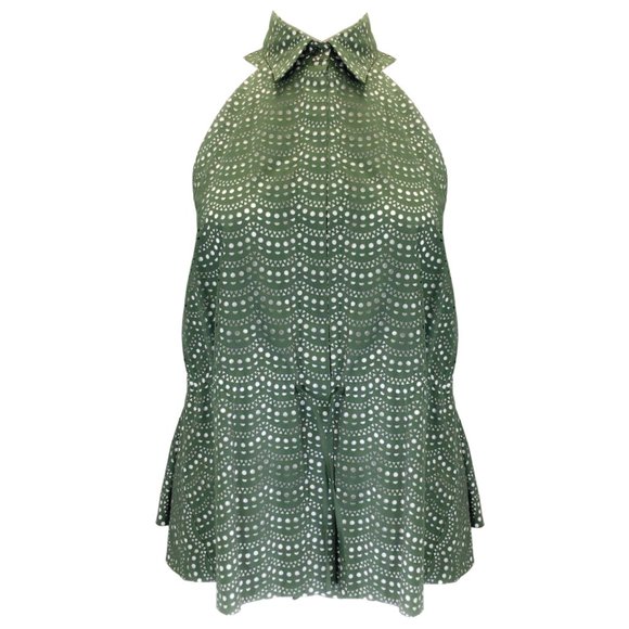 Alaia Tops - ALAIA GREEN / WHITE LASER CUT SLEEVELESS COTTON TOP